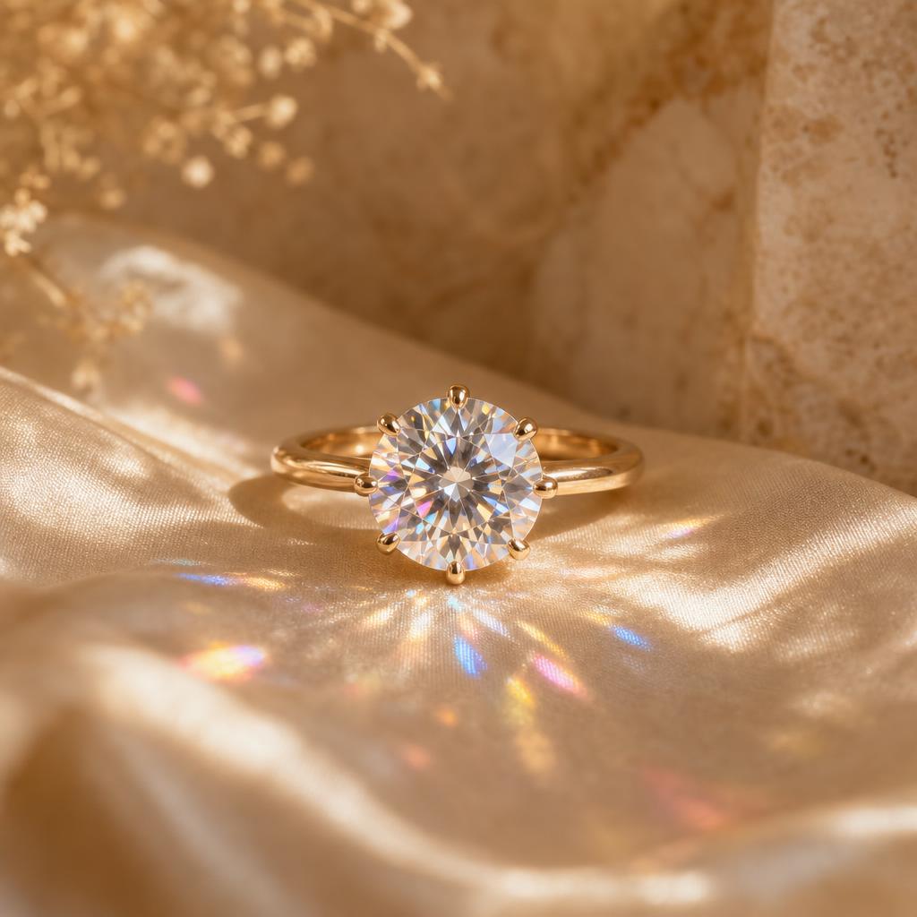 Faceted gemstone ring throwing soft rainbow-colored light flashes on cream silk