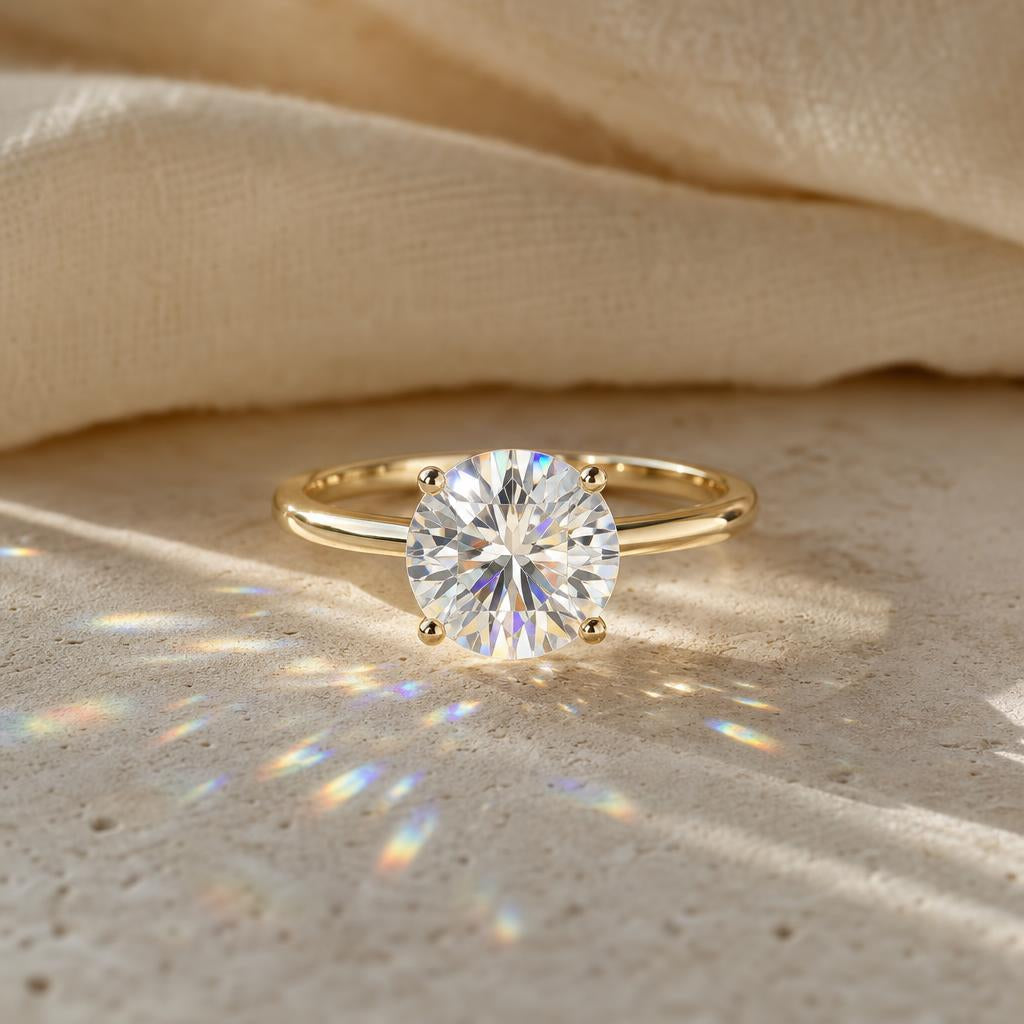 Round moissanite solitaire ring throwing prismatic light on warm cream stone
