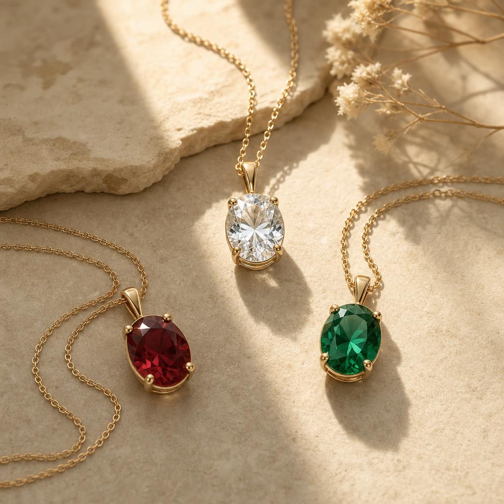 Three pendant necklaces with clear, red, and green gemstones on cream backdrop