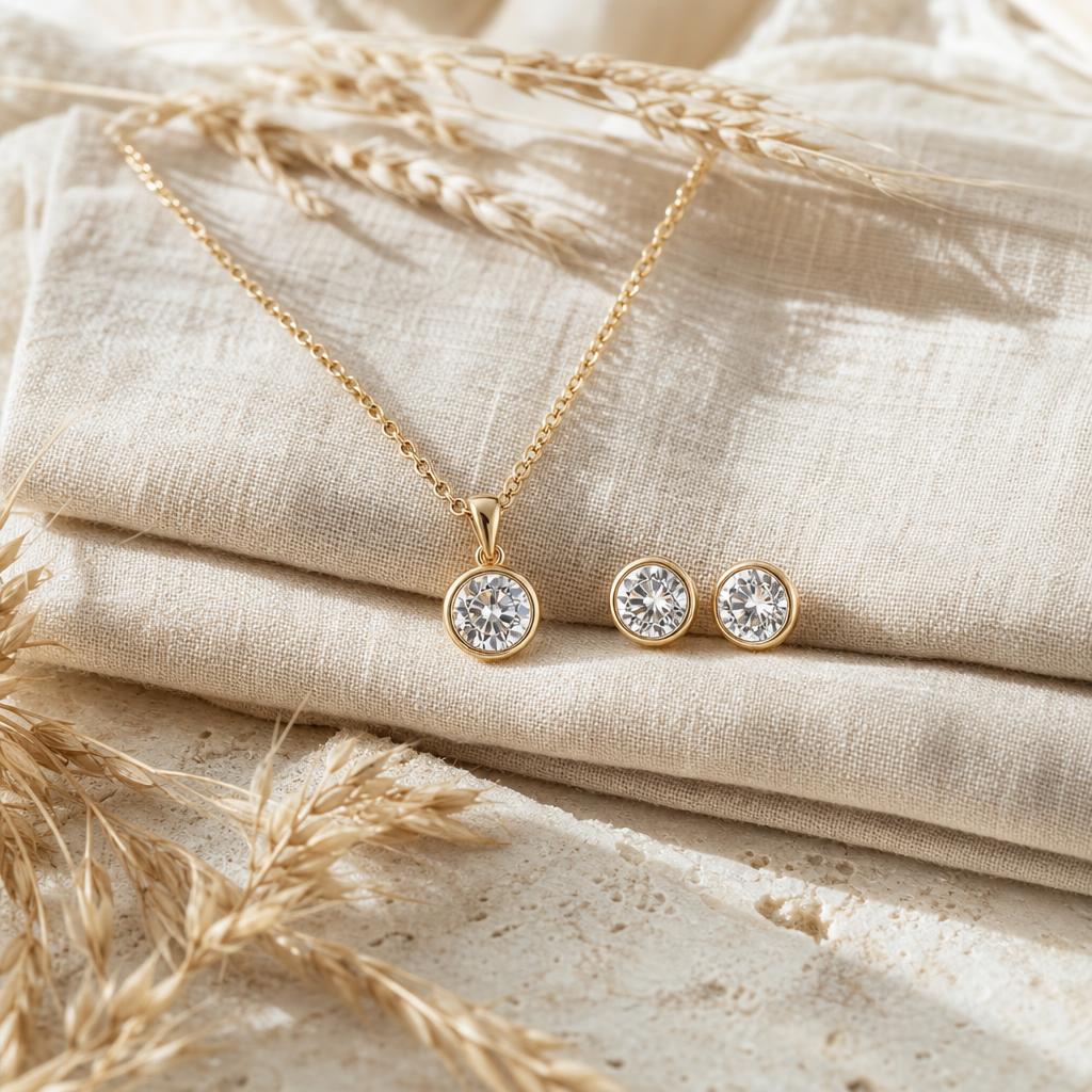 Pendant necklace and stud earrings paired together on cream linen