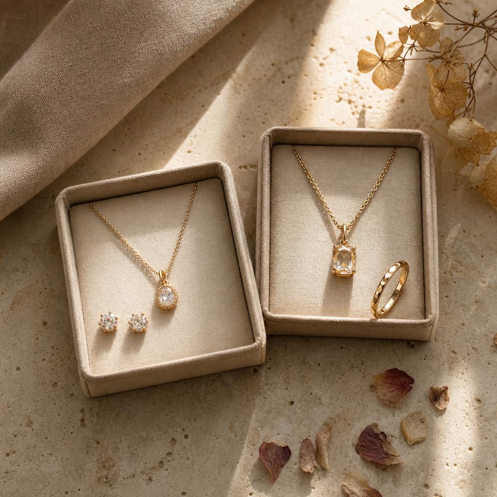 Two coordinated jewelry trays with necklaces, earrings, and a ring in warm light