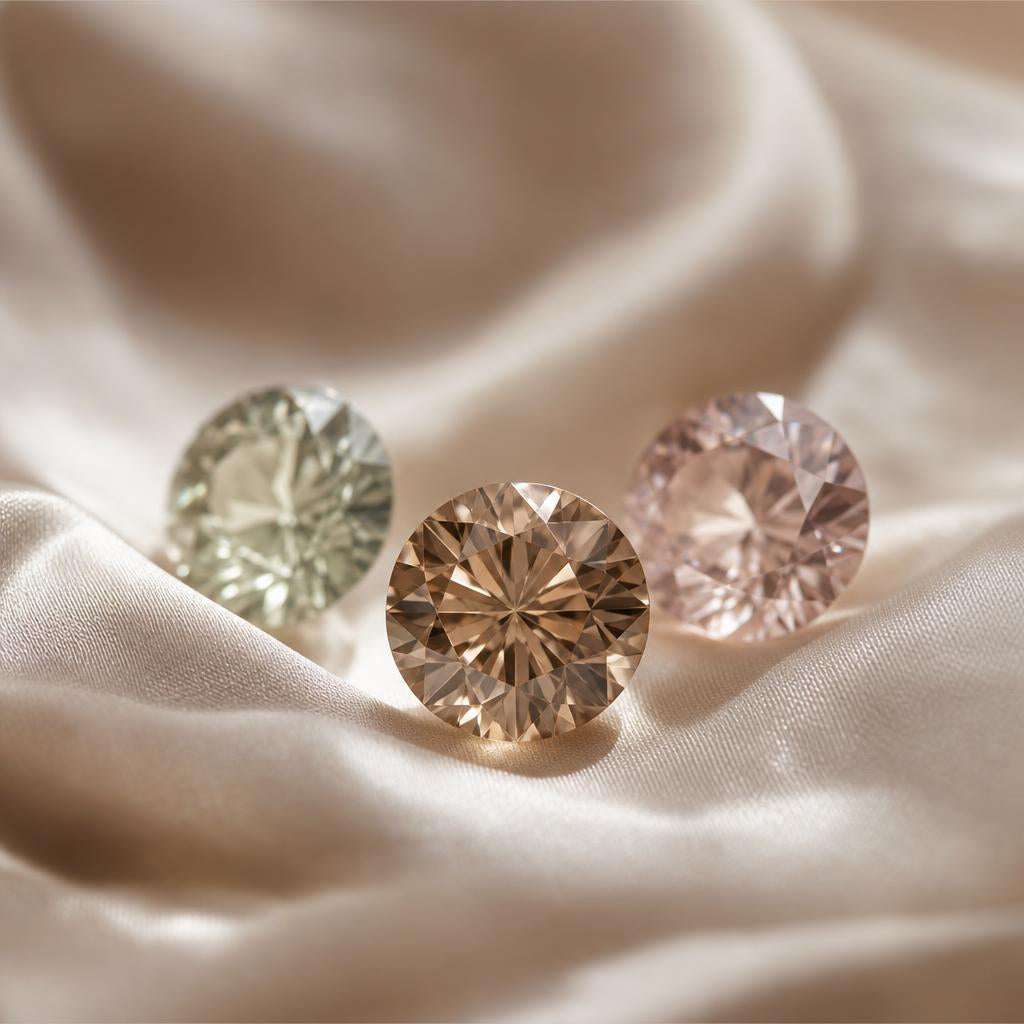 Three faceted round gemstones clustered on warm cream silk fabric