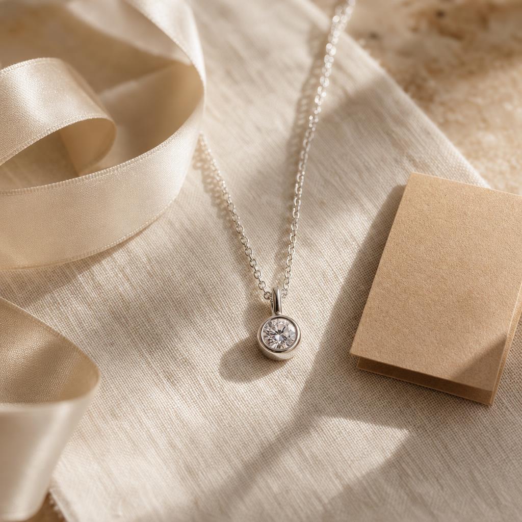 Silver pendant necklace with a sparkling stone on cream linen beside satin ribbon