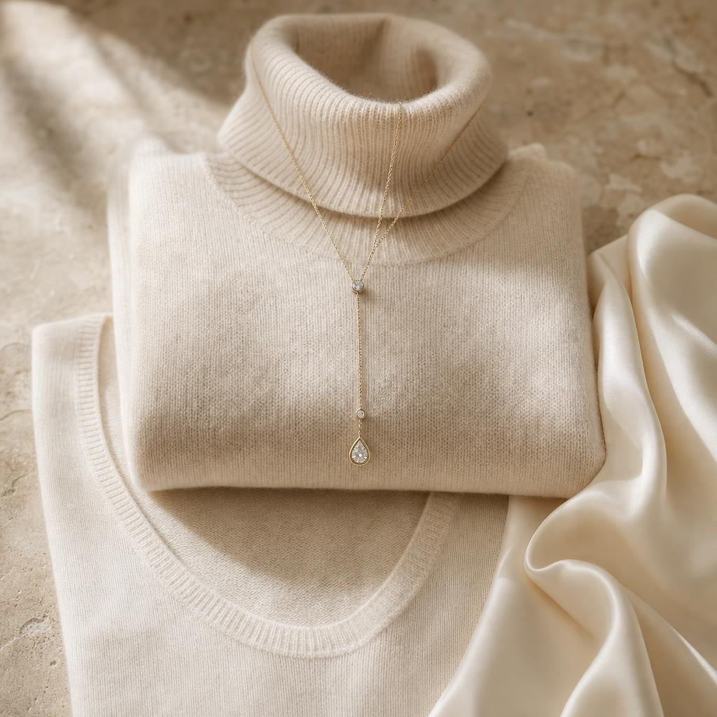Pendant necklace draped over a cream turtleneck beside a scoop-neck knit