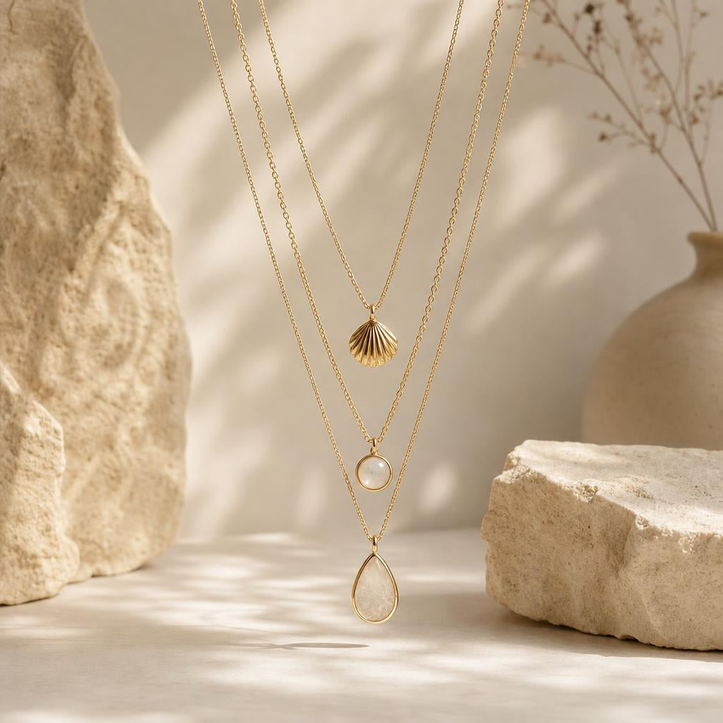 Three layered necklaces of varying lengths on a cream backdrop