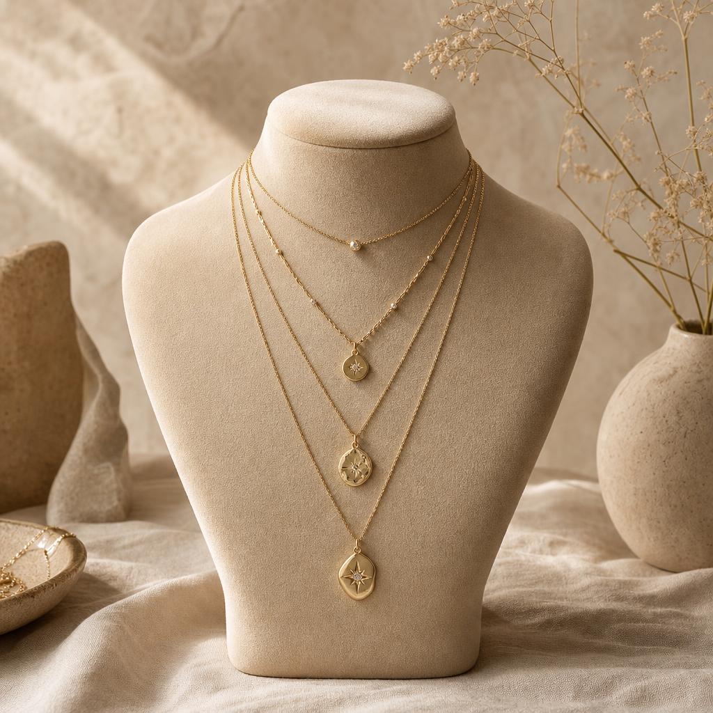 Delicate necklaces of varying lengths draped on cream display stand