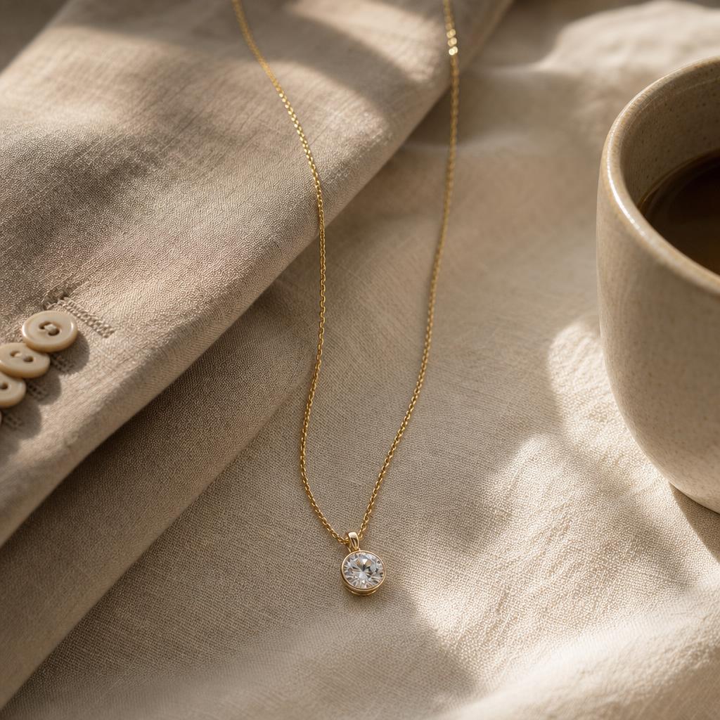 Delicate pendant necklace on cream linen beside a folded blazer sleeve