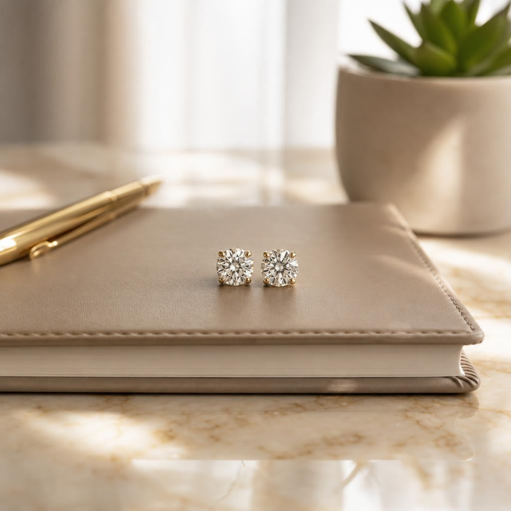 Pair of diamond stud earrings resting on a notebook on a marble desk