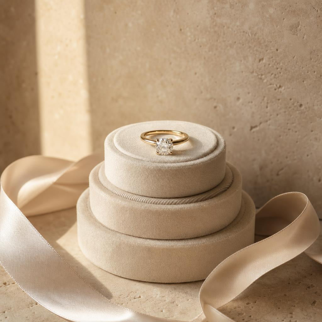 Solitaire ring centered on cream ring boxes with pale silk ribbon