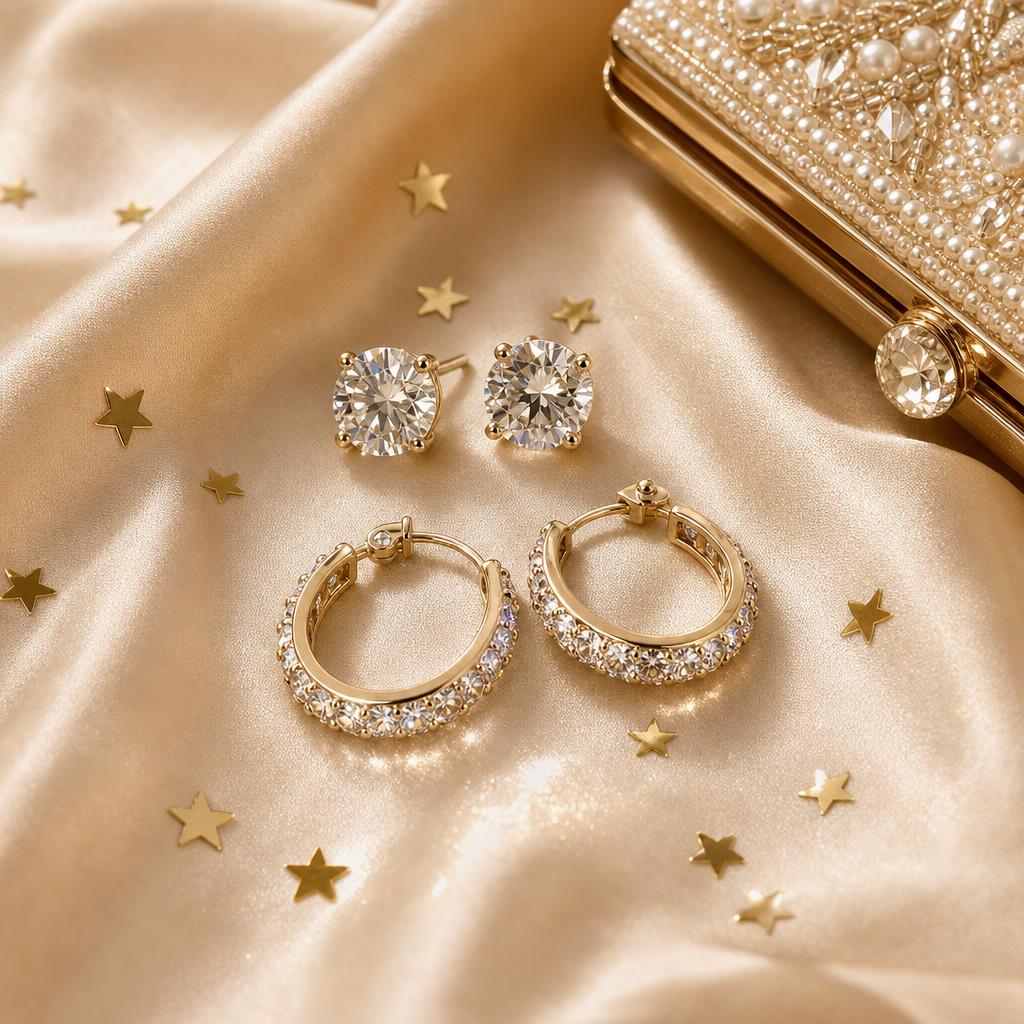 Sparkling stud and hoop earrings styled on champagne silk for New Year's Eve