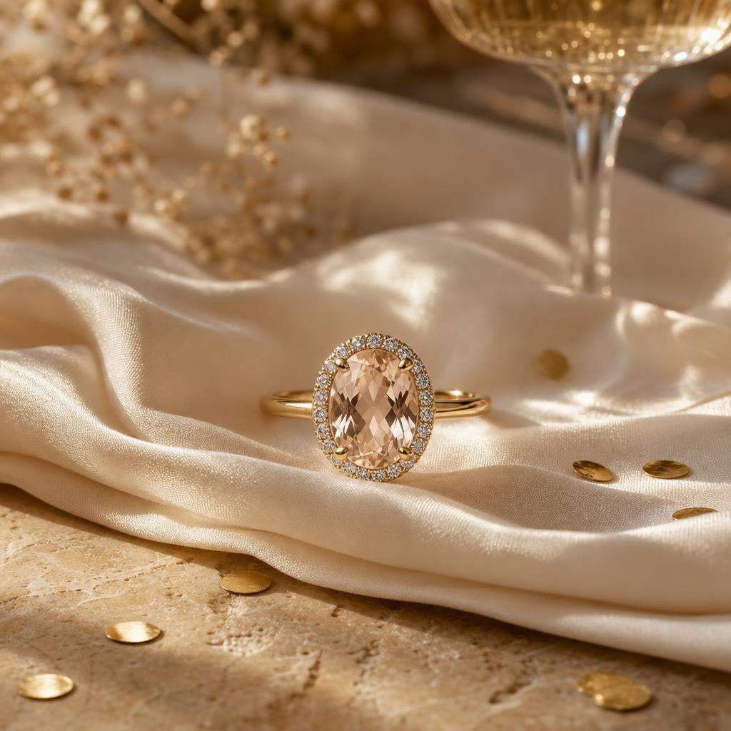 Sparkling faceted ring on cream silk with soft gold confetti nearby
