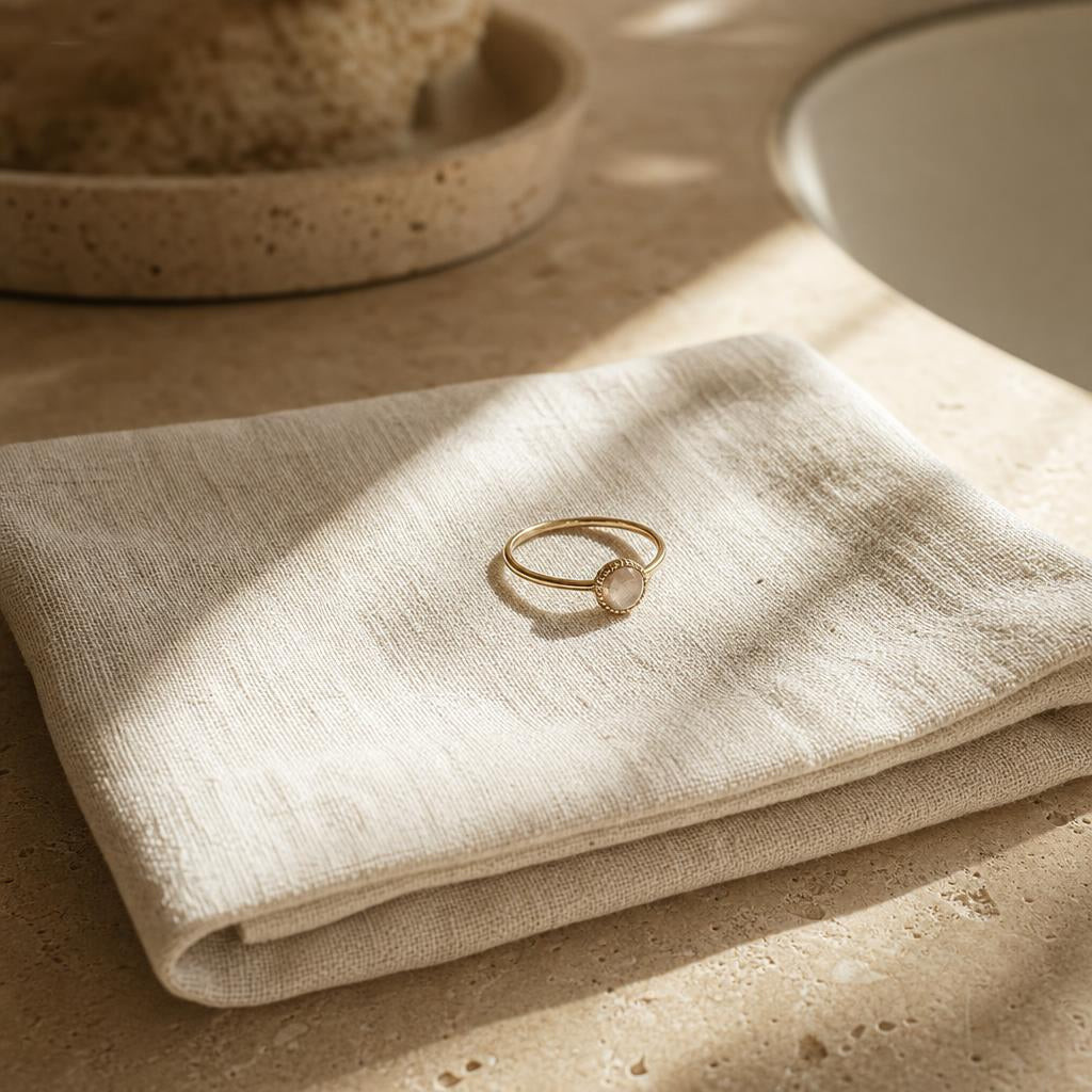 A delicate ring resting on a folded cream towel in warm light