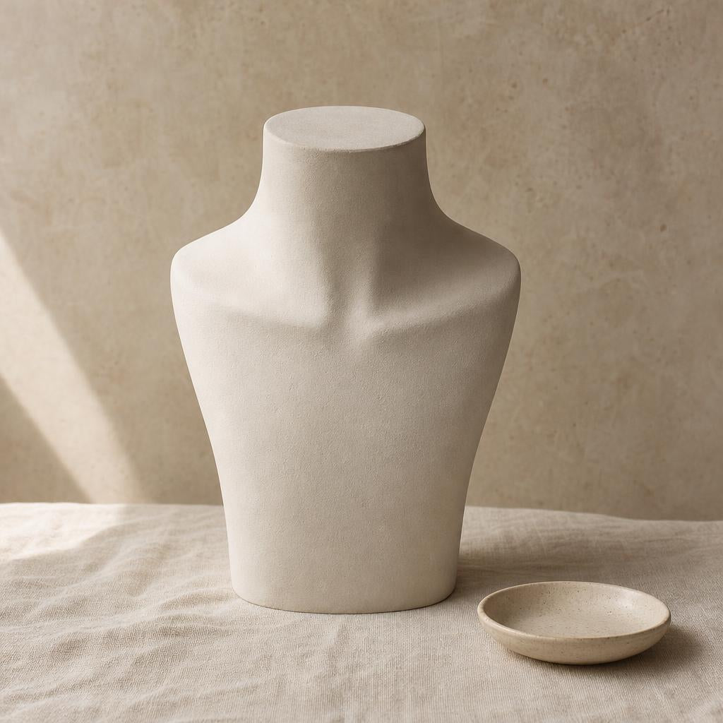 Bare plaster neck form on cream linen with soft natural light