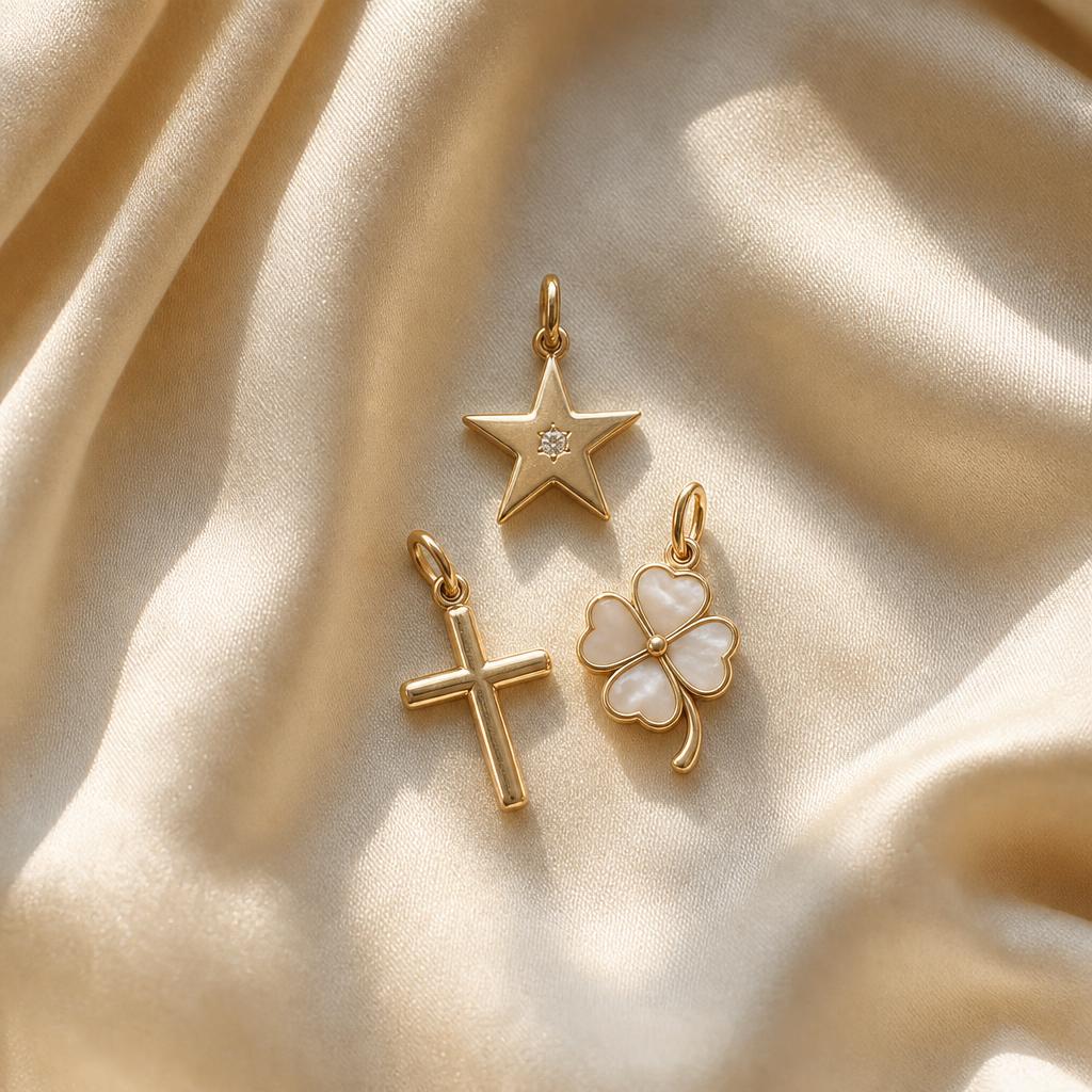 Star, cross, and clover pendant charms arranged on cream silk fabric