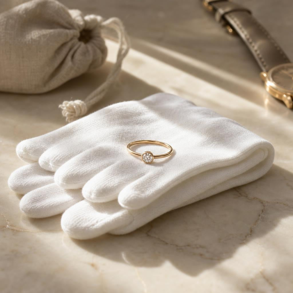 Delicate ring resting on folded white gloves on warm marble surface