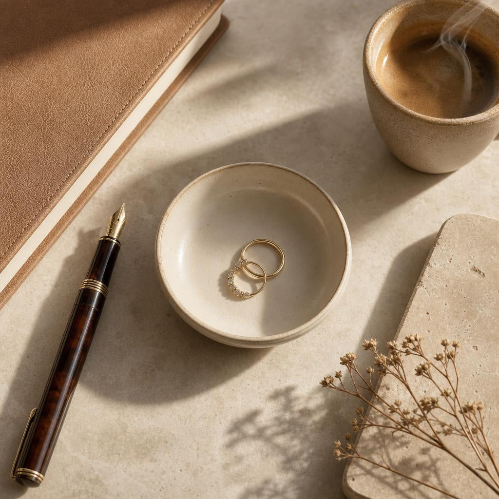 Minimal ring dish and notebook styled on a warm stone desk