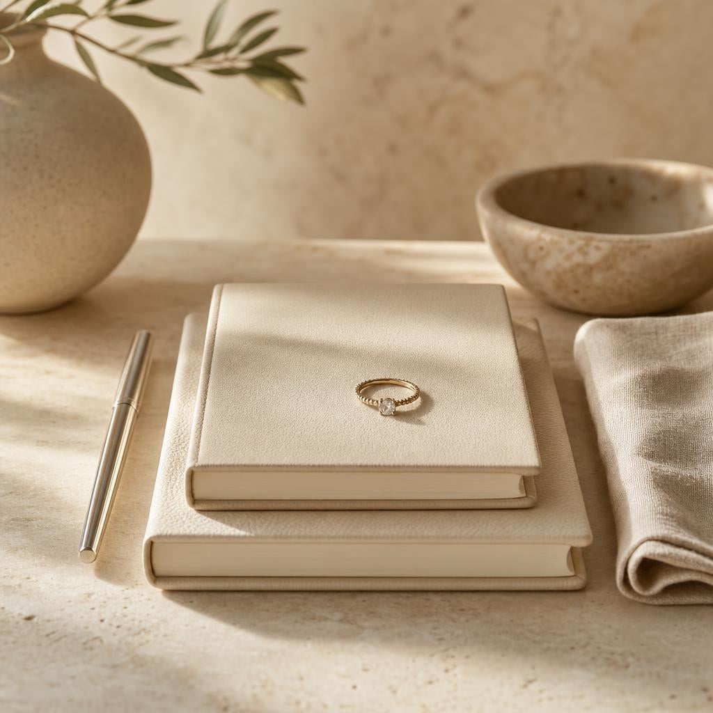 Delicate ring resting on cream notebooks with a silver pen on a desk