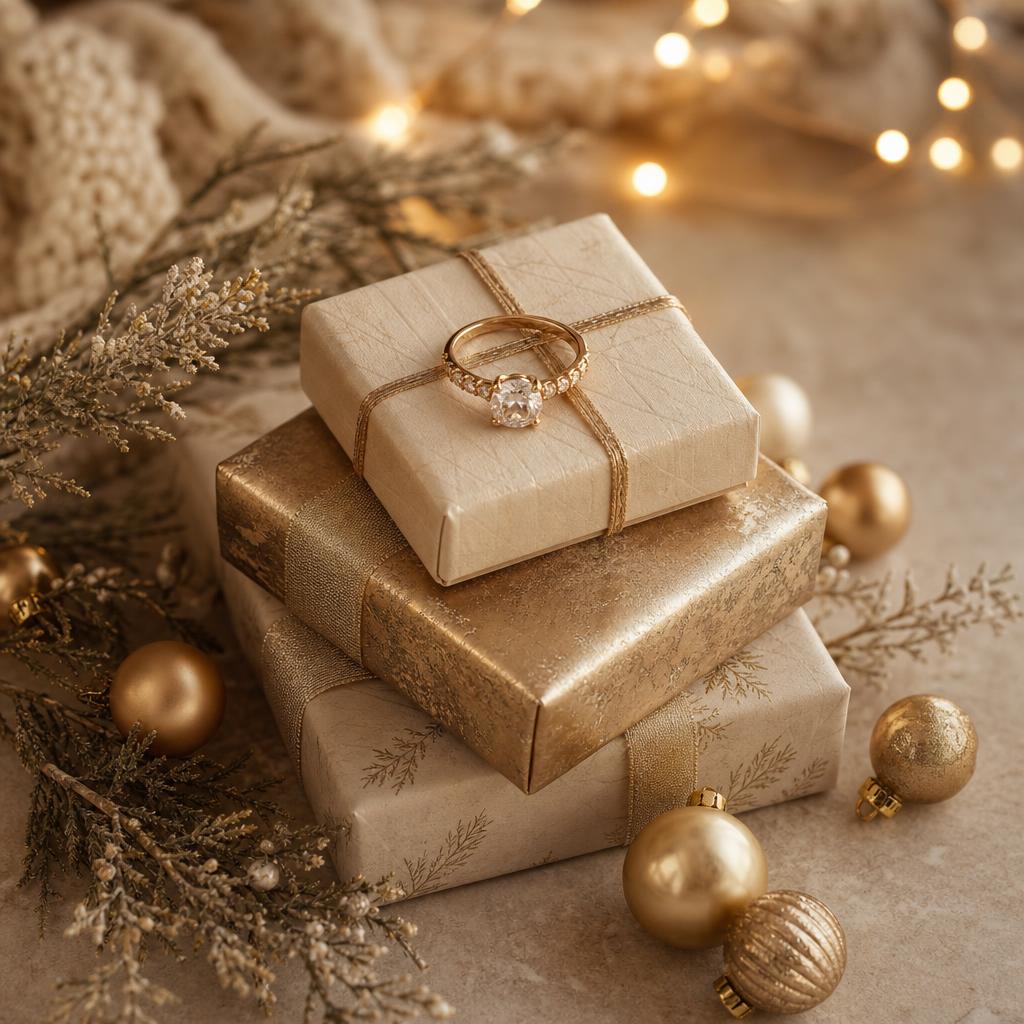 Ring resting on wrapped gift boxes with warm festive holiday lighting