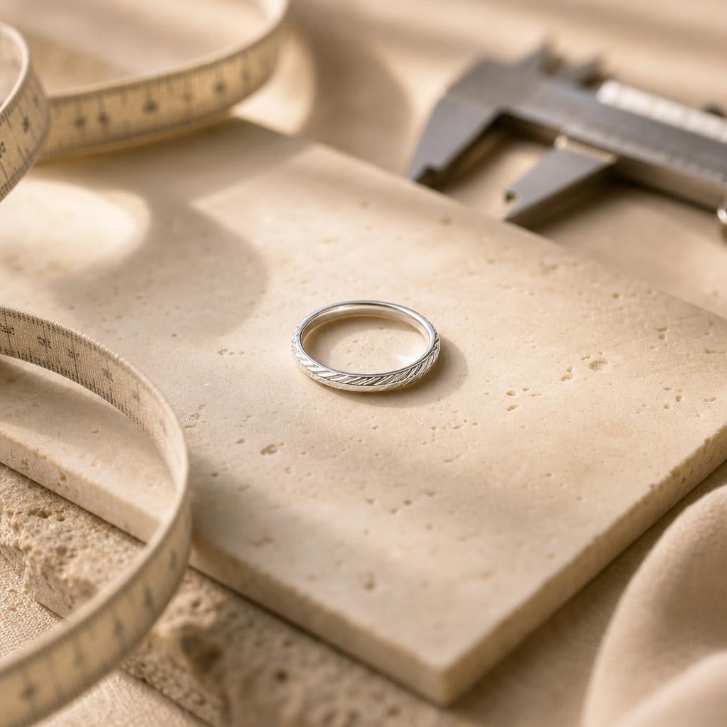 Sterling silver ring beside a measuring tape on cream stone surface