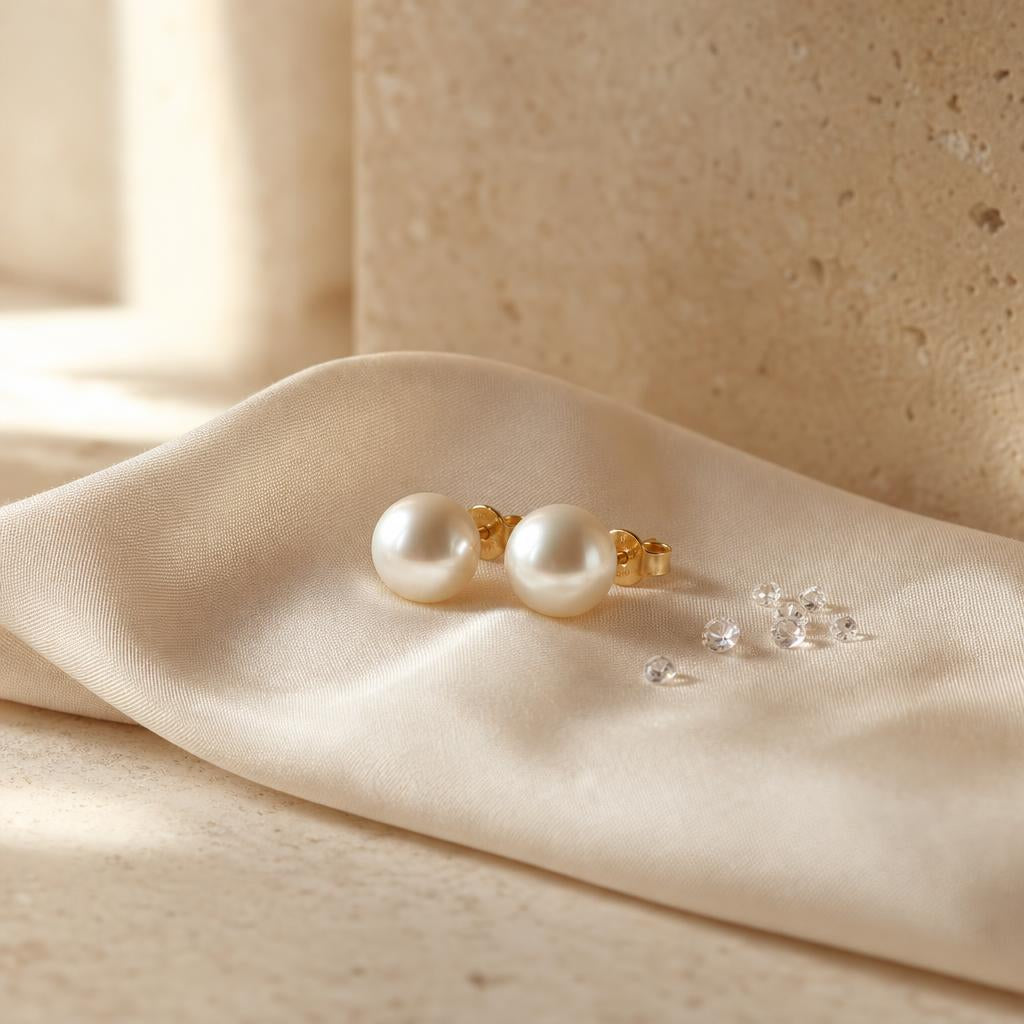Pair of cream pearl stud earrings on warm silk beside tiny sparkling stones