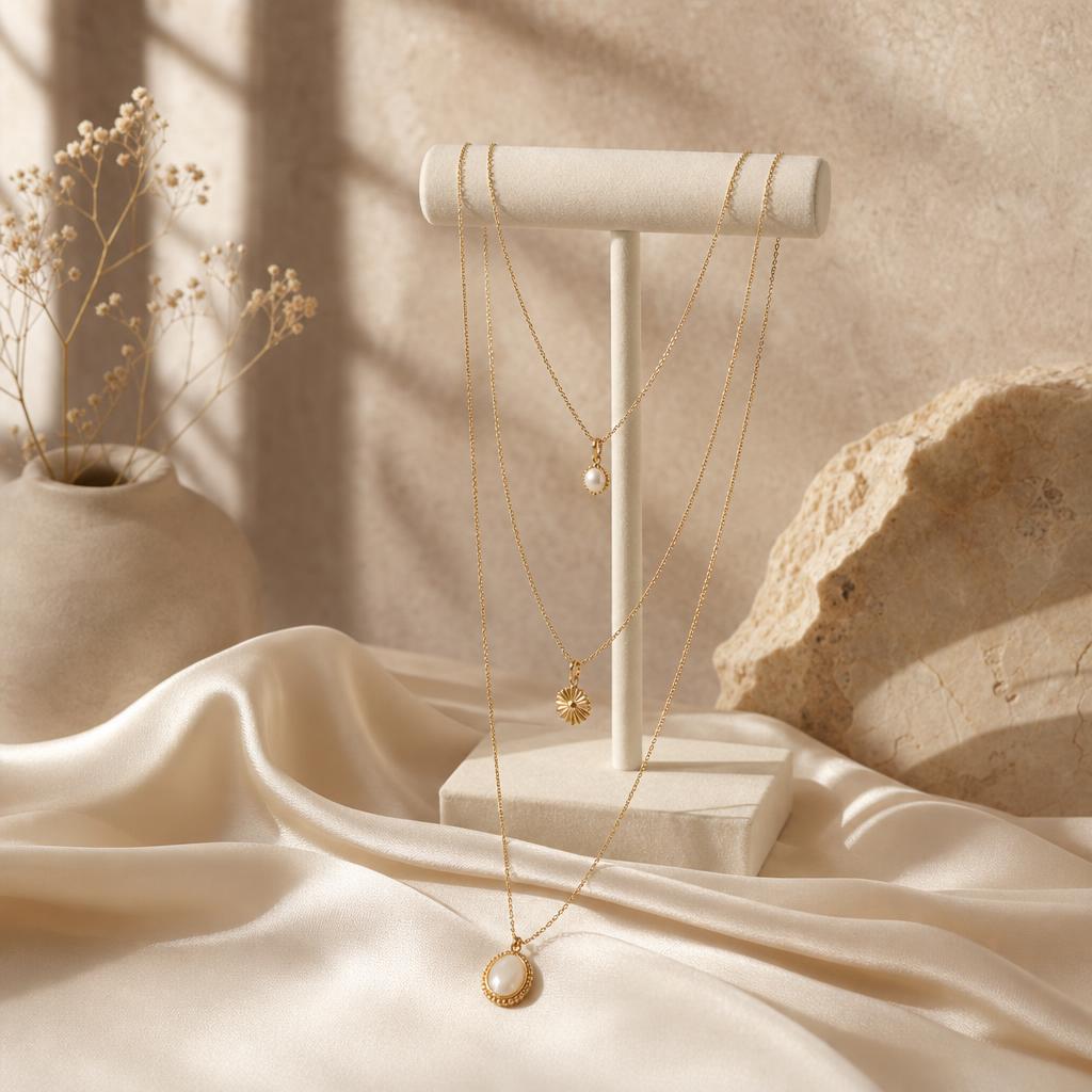 Three delicate pendant necklaces of varying lengths displayed on a jewelry stand