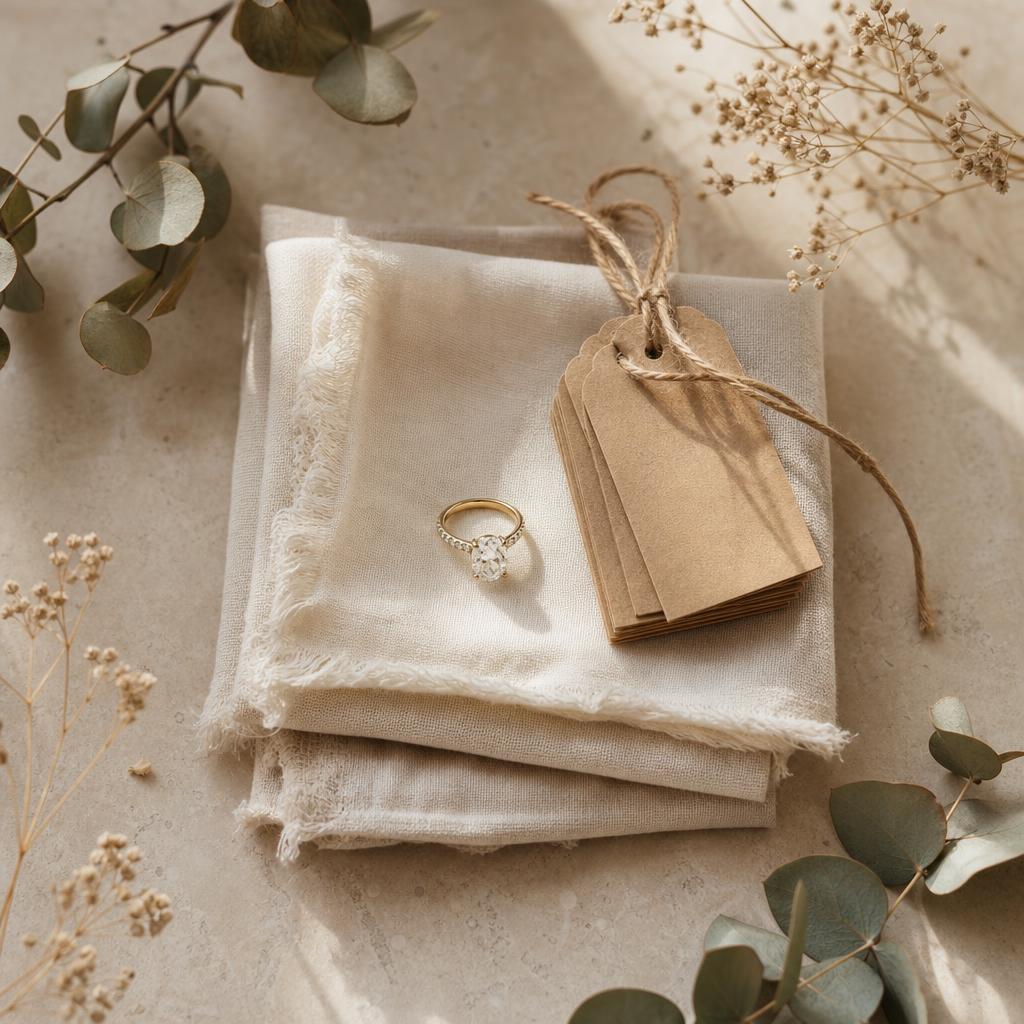 Engagement ring resting on cream linen with winter botanicals and gift tags