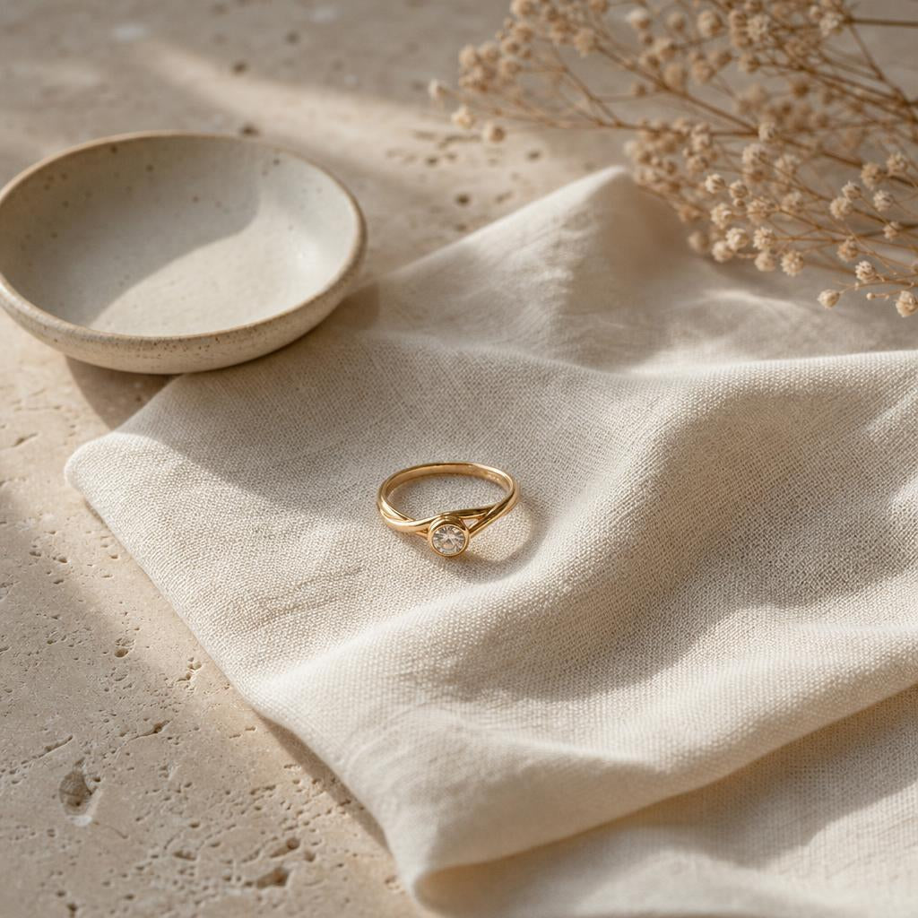 A single ring resting on soft cream linen beside an empty ring dish