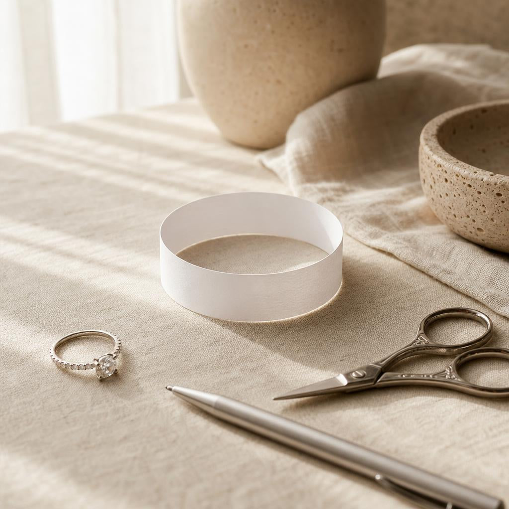 Paper strip ring sizer looped beside a silver ring and scissors