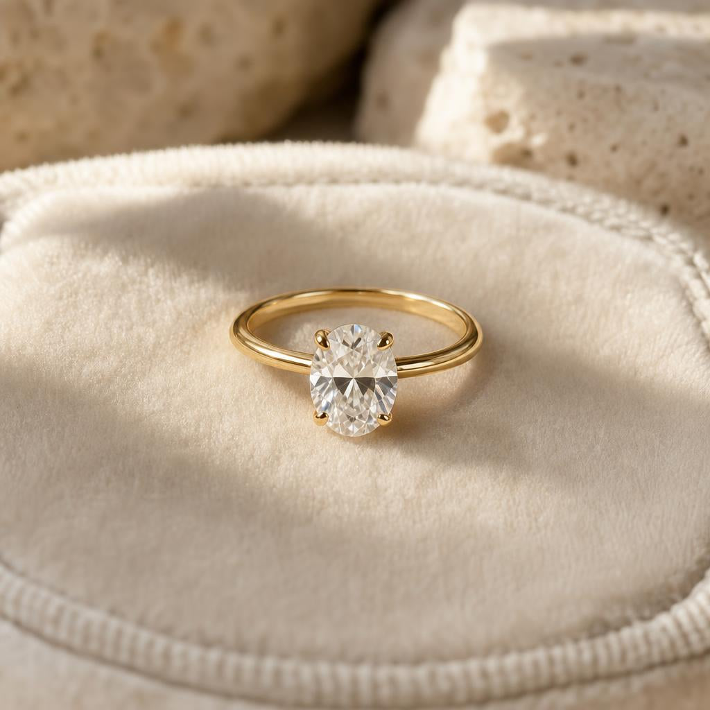 A single sparkling ring on soft cream velvet under warm natural light