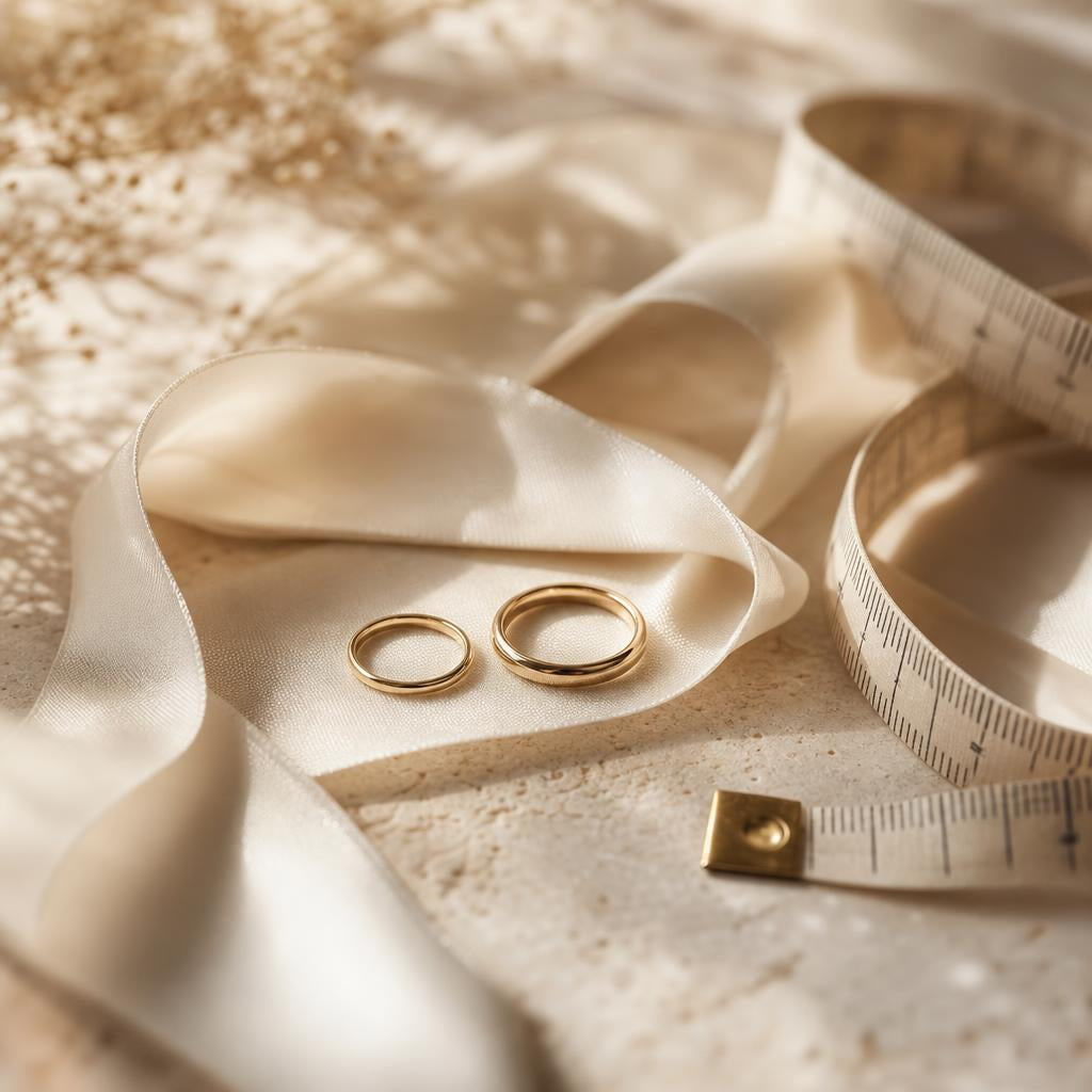 Two rings and a measuring tape on warm stone, sizing concept