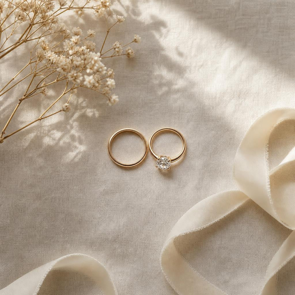 Two delicate rings resting together on warm cream linen