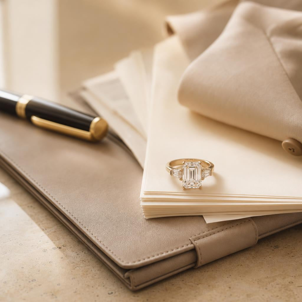 Simulated diamond ring resting on papers beside a leather portfolio on a desk