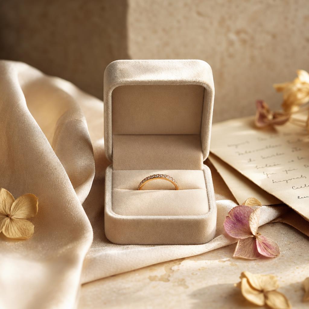 Open ring box with a sparkling ring resting on cream silk fabric