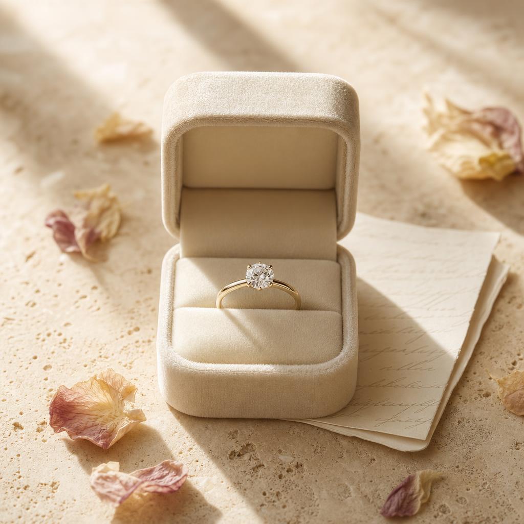 Simple ring in an open velvet box on a warm stone surface