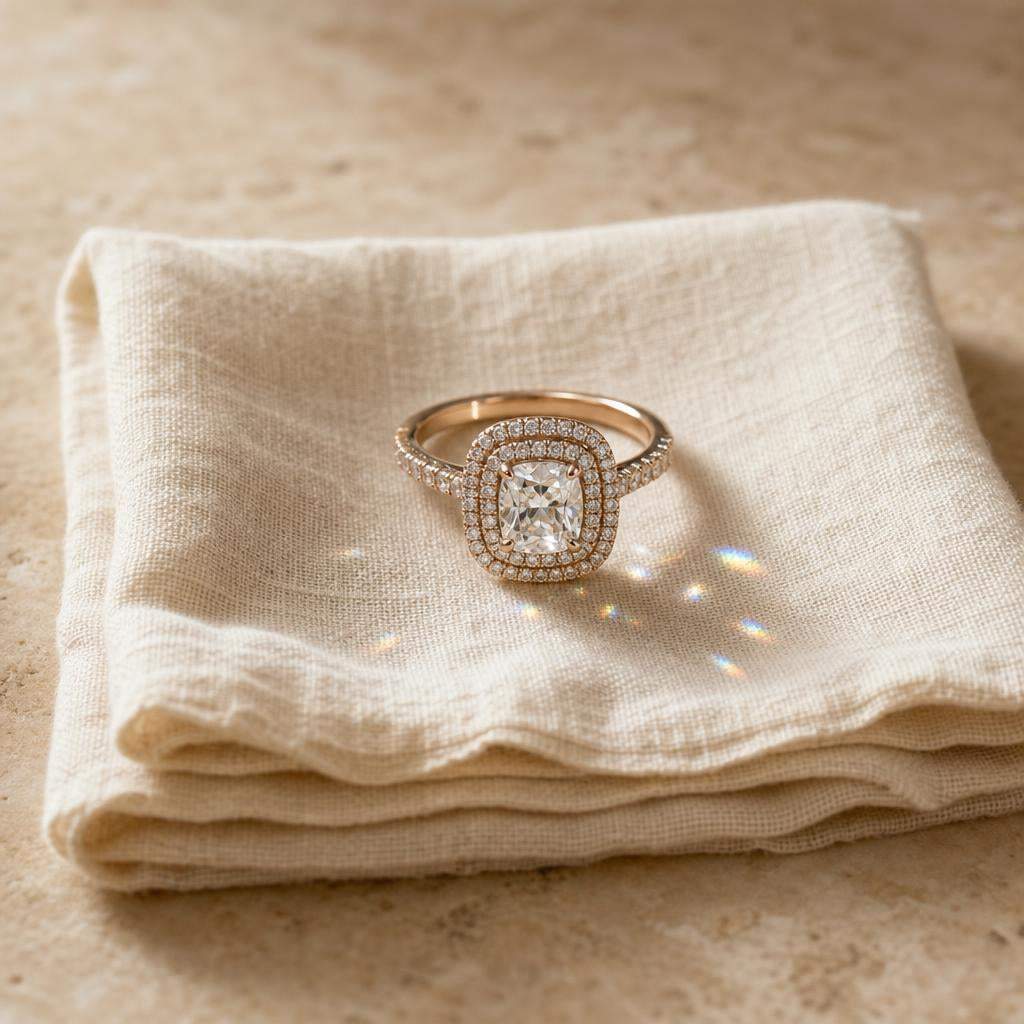 Elegant cushion-cut halo ring resting on warm cream linen in soft natural light
