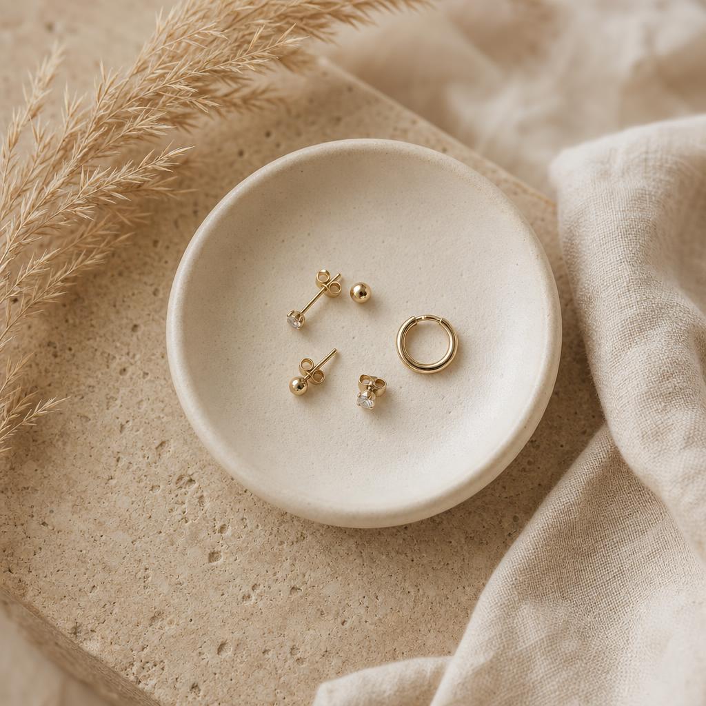 Small gold and silver stud earrings arranged in a cream ceramic dish