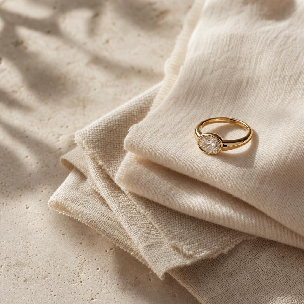 Minimalist ring resting on soft cream fabric in warm editorial light