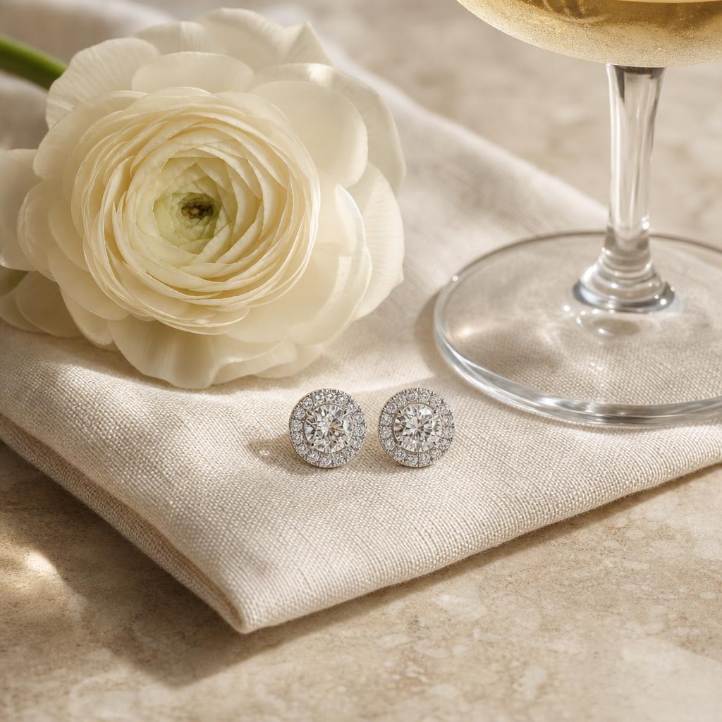 Pair of halo stud earrings on cream linen beside ivory flower and champagne glass
