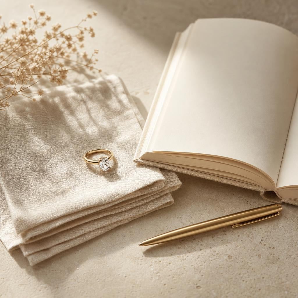 A single elegant ring resting on linen beside a notebook and pen