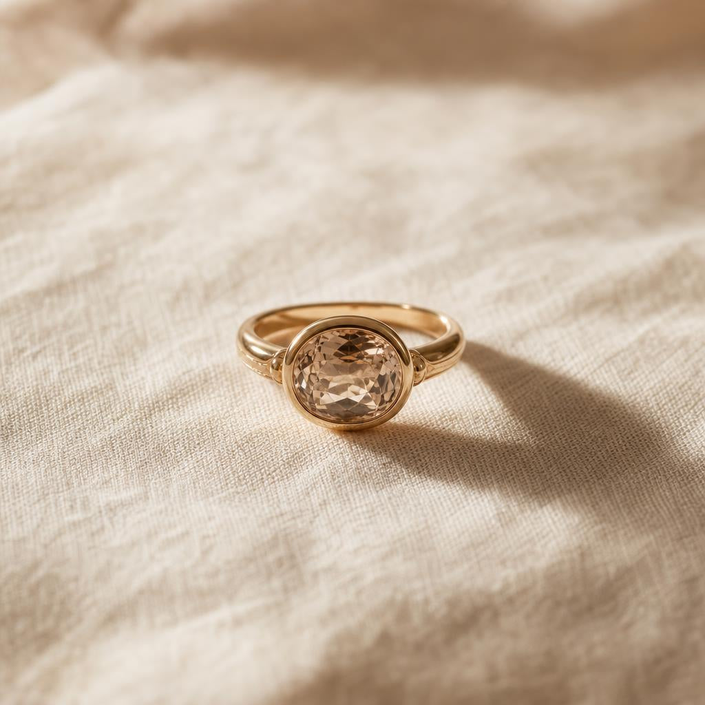 A single ring resting alone on a warm cream linen surface in soft light