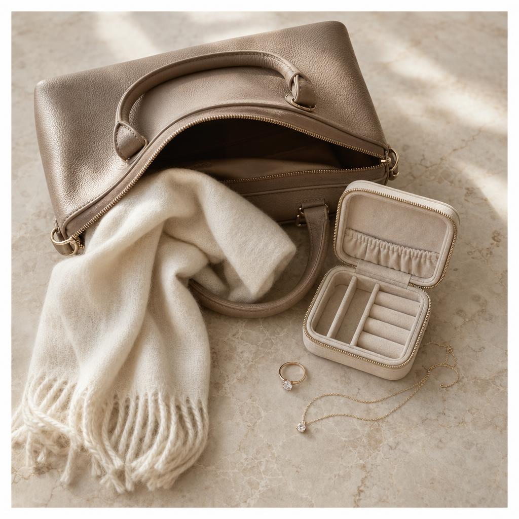 Commuter bag, scarf, and jewelry pouch with a ring laid out