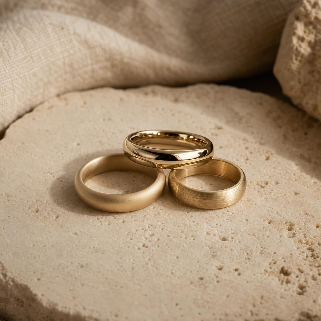 Three ring finishes shown together: polished, matte, and brushed metal bands