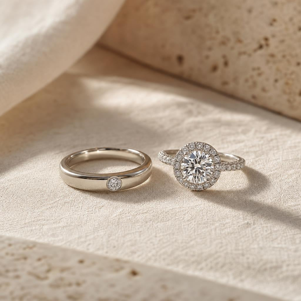Two simulated diamond rings, one low-profile and one halo-style, on cream linen