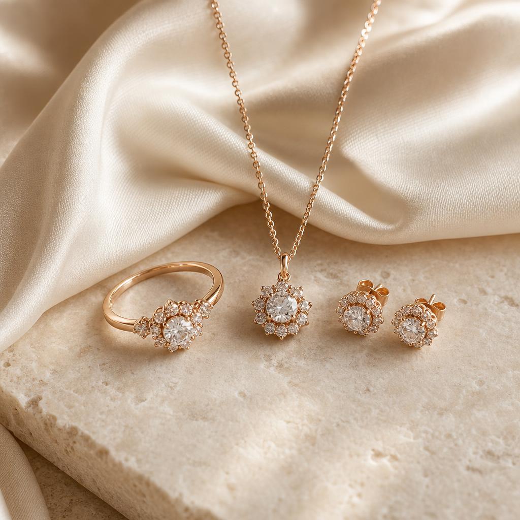 Coordinated ring, necklace and earring set arranged on soft cream fabric