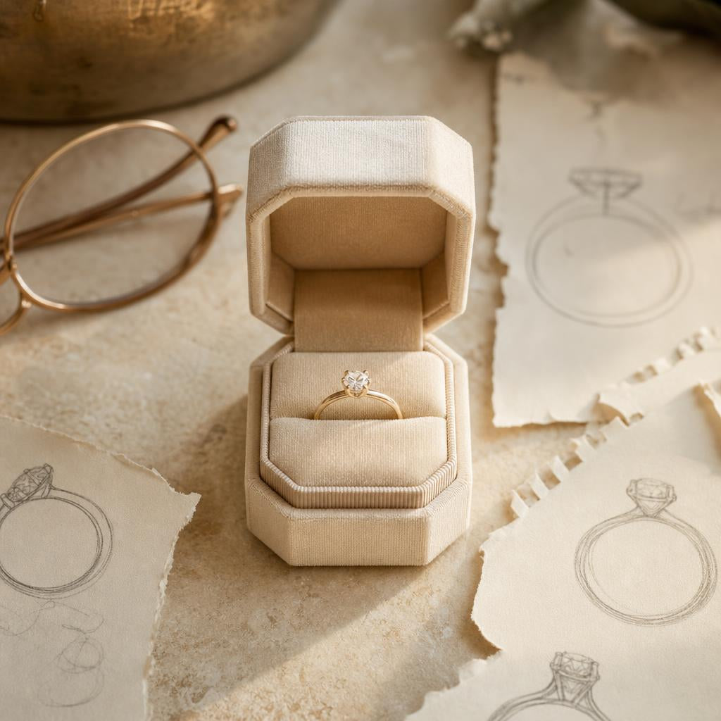 Open velvet ring box beside sketches on warm cream stone surface