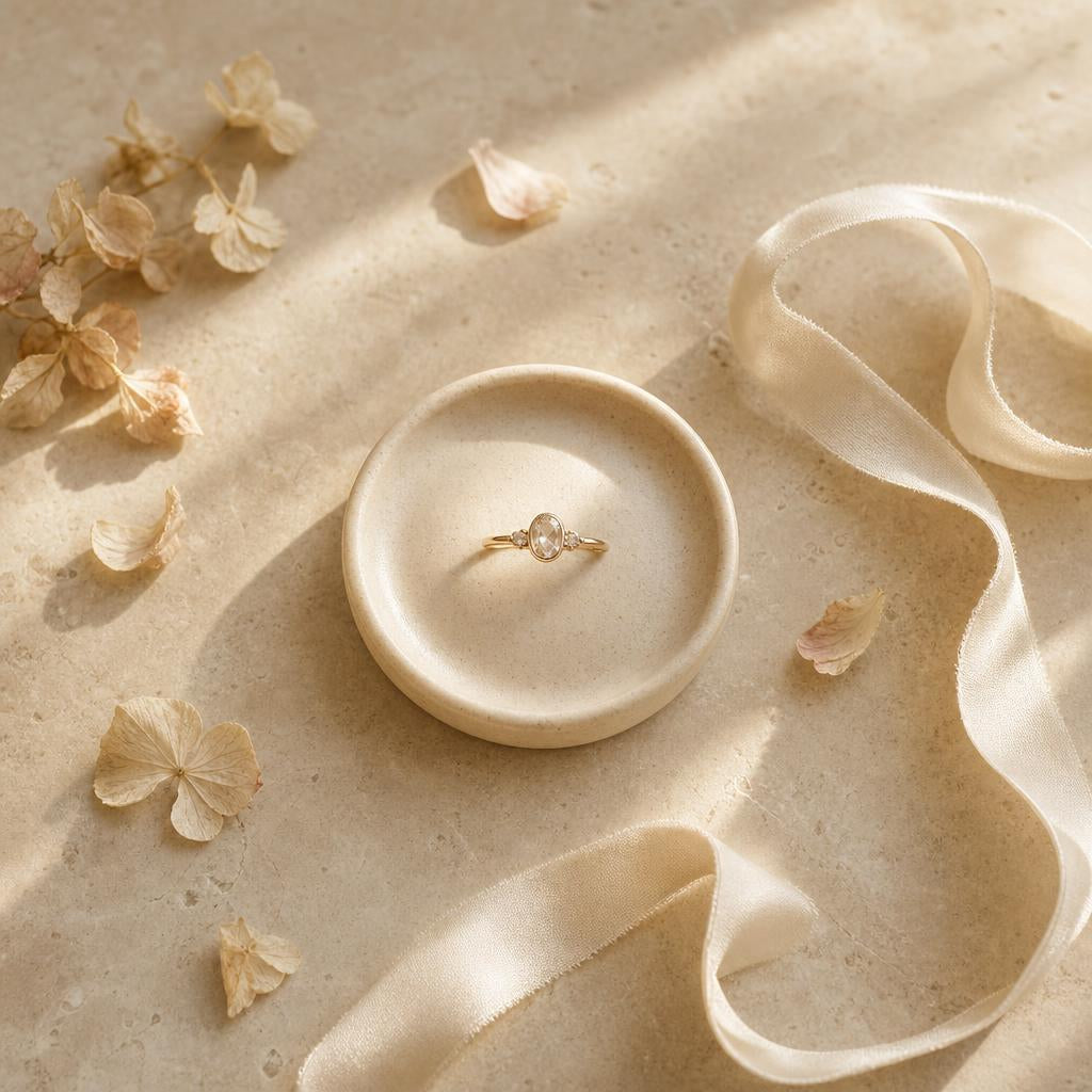 Delicate ring centered on warm cream dish with soft petals