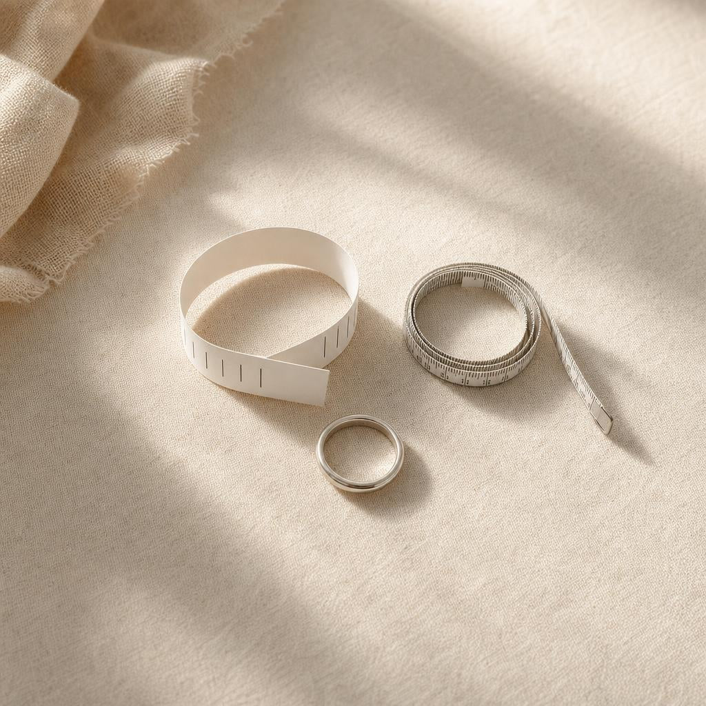 Ring sizing strip, measuring tape, and simple ring on cream linen
