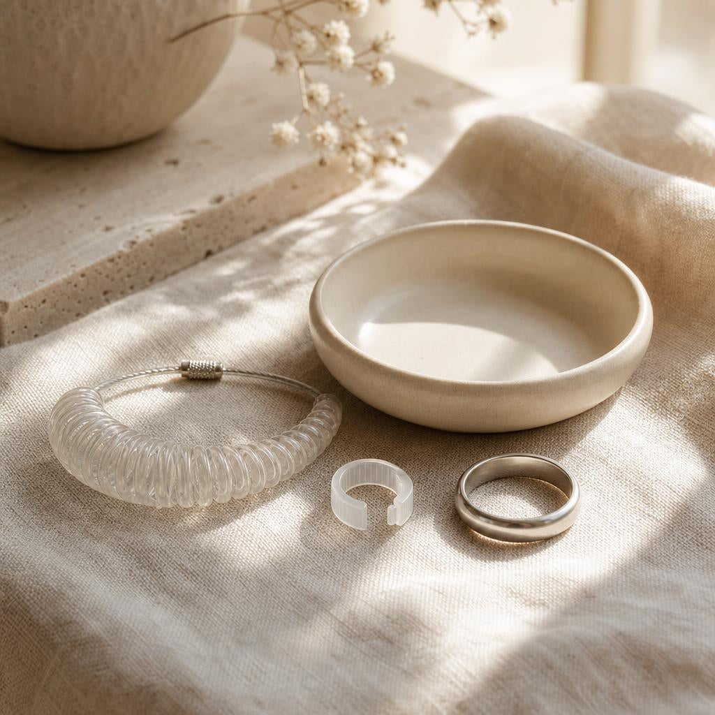 Ring sizing coil and adjuster clip beside an empty ring dish
