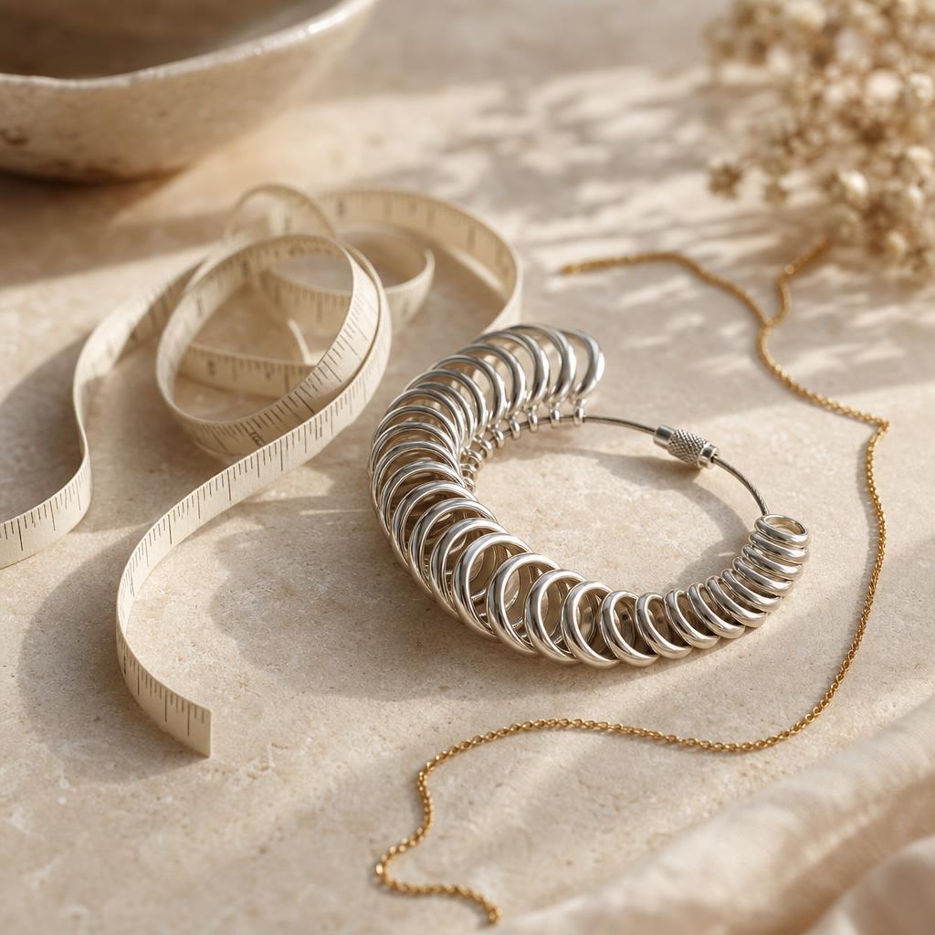Ring sizers and measuring tape arranged on a warm cream stone surface