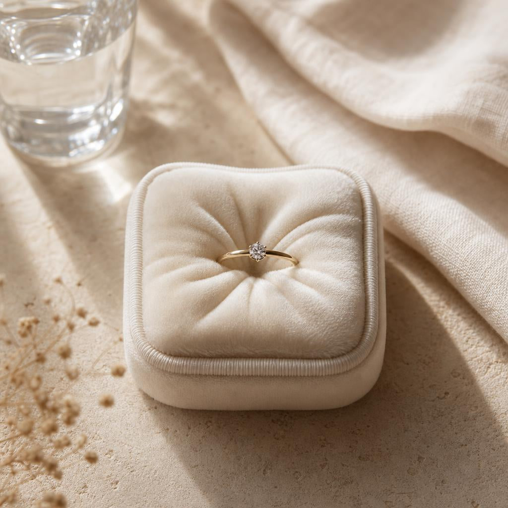A single ring resting on a soft cushion in warm, quiet light